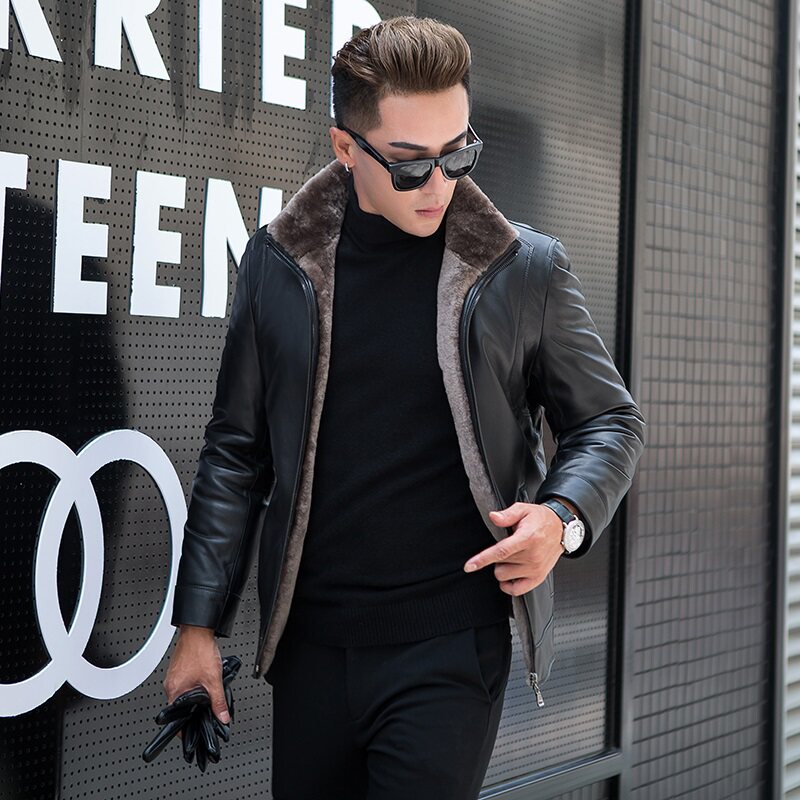Winter warm wool leather jacket men's leather jacket sheepskin slim leather fur thickened middle-aged dad outfit
