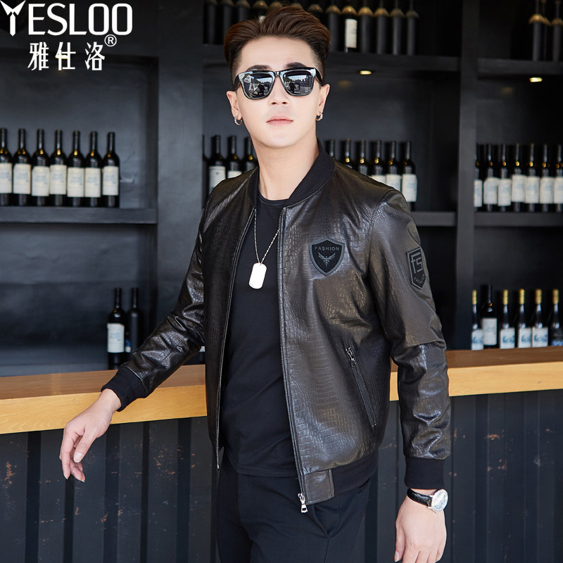 Haining leather leather crocodile grain Sheepskin leather men's baseball collar Korean slim leather jacket trend jacket