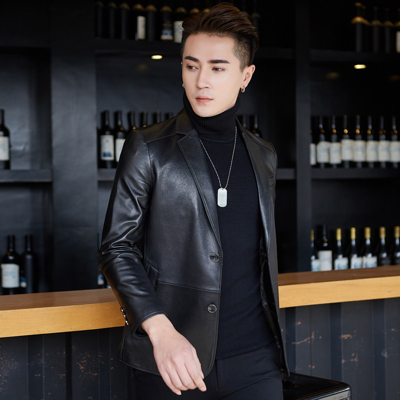 Off-code clearance men's leather suit jacket Slim leather sheepskin medium-long suit
