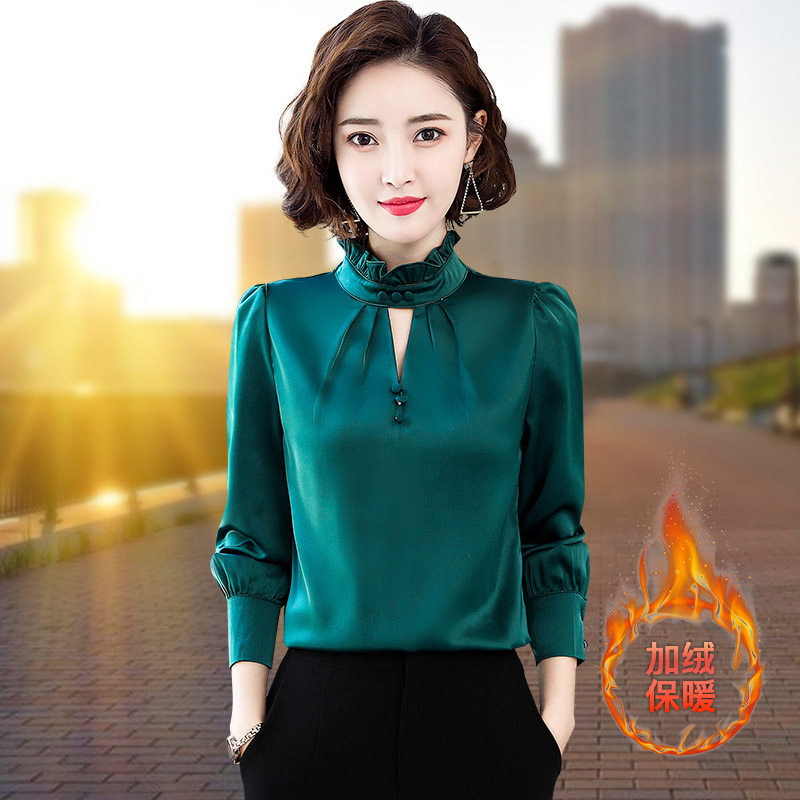 2021 spring new item chiffon blouse women's long-sleeved western air blouse Stand-up collar plus velvet blouse with a shirt in the bottom