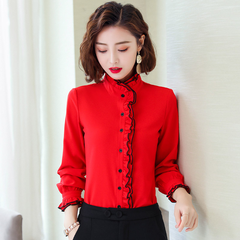 Fungus collar chiffon shirt women long sleeve 2020 Spring and Autumn New Korean version of magenta red shirt base coat inch