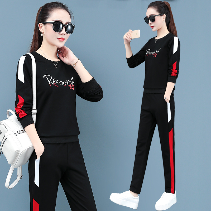 2021 Spring Loaded Pure Cotton Casual Sports Suit Women Spring Autumn New Fashion Black Two Sets Of Acropolis Wave