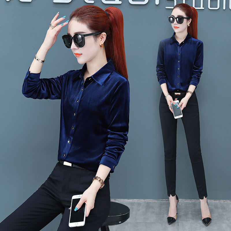 Velvet shirt women long sleeve gold velvet 2019 autumn new warm thick shirt coat Korean version loose top