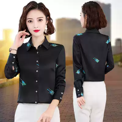 Black chiffon shirt women long sleeve foreign pie flower shirt spring and autumn 2021 new middle-aged mother base coat