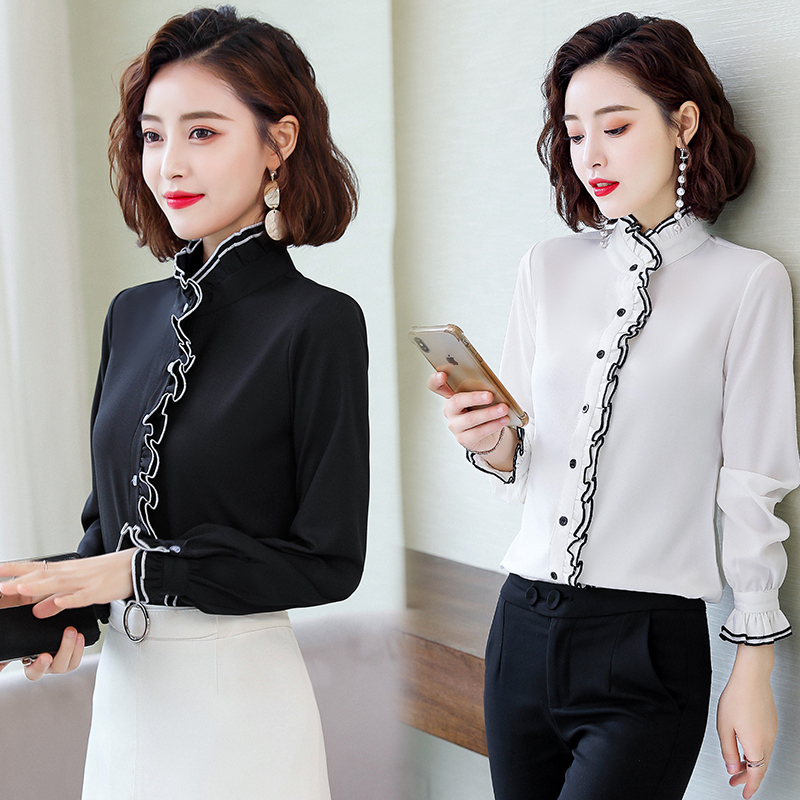 Stand-up collar chiffon shirt women's long-sleeved autumn new style 2022 spring foreign style white inner shirt bottoming top inch