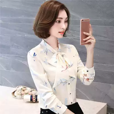 2021 floral long-sleeved chiffon top women's autumn and spring new Korean version of wild shirt bow lace-up shirt