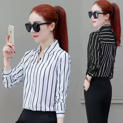 2021 new spring and autumn Korean spring black and white vertical striped shirt women's long-sleeved plus velvet all-match shirt top size
