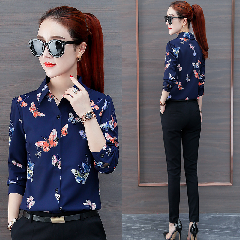 Spring 2021 New chiffon shirt long sleeve foreign pie shirt female floral shirt bottoming winter plus velvet mother shirt