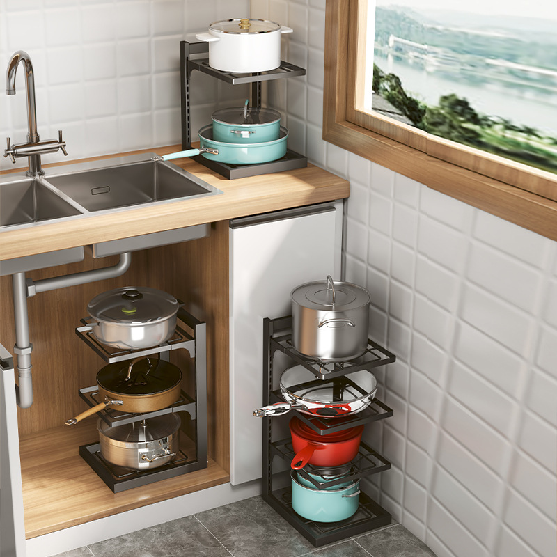 Kitchen multi-layer pot rack table corner narrow gap rack put pot under the sink cabinet layered storage rack