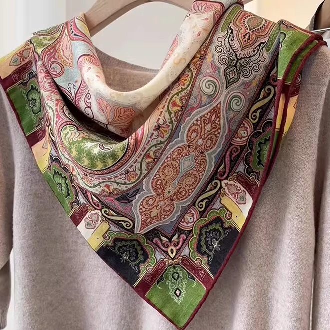 Bohemian Style! Ethnic-Inspired Silk Wool Scarf for Women, Winter Rich Paisley Pattern Silk Wool Square Scarf Bohemian Style! Ethnic-Inspired Silk Wool Scarf for Women, Winter Rich Paisley Pattern Silk Wool Square Scarf