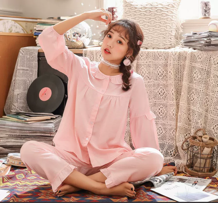 Autumn comfortable lace pijama for students, thin set, oversize