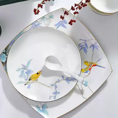 Tangshan Jiayu bone china tableware set 50 Cuiyu Unvoiced hand-drawn light luxury bowls and plates household set
