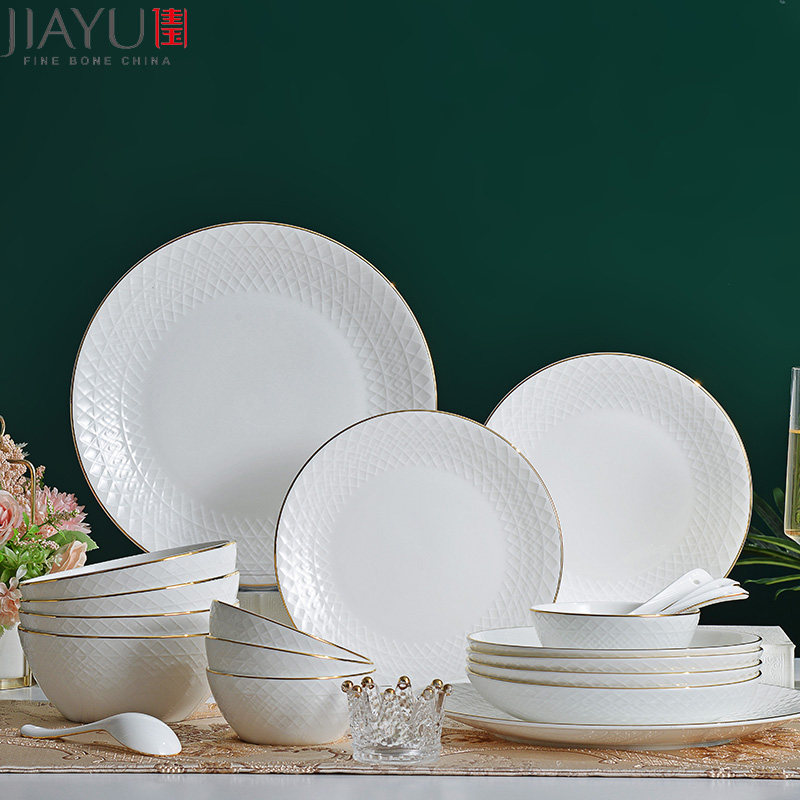 Tang Shan Jiayu Pure White Cutlery Dish Dishes Hotel Swing Table Bowl Tray Combined Light Extravagant Bone China Cutlery Cutlery Gift Group Purchase