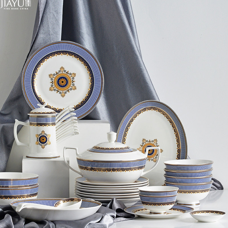 Tangshan Jiayu Bone Porcelain Light Luxury Simple Europe 50 Blue Ceremony Tableware Set Dishes Embossed Ceramic Tableware