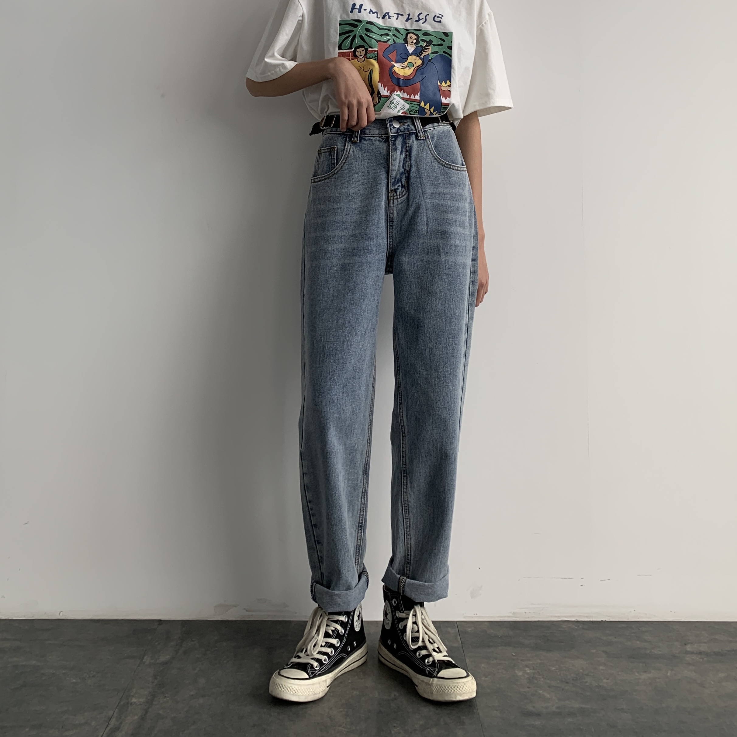 Light color High waist Hallen old daddy jeans woman loose with slim fit 2020 spring dress new tightness waist bf wind pants tide