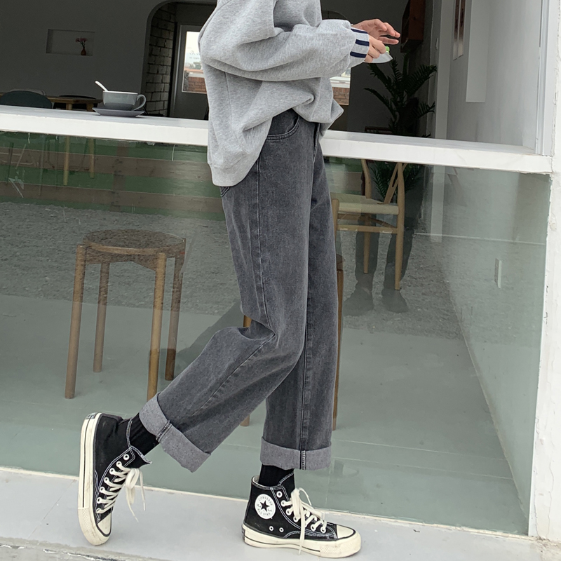 High Waist Tobacco Grey Denim Jeans Wide Pants Woman Straight Barrel Loose 2022 Spring new large size SIZE FAT MM PANTS