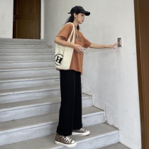 Black wide leg pants women Summer high waist drape rope leg ankle-length pants small man loose casual suit straight pants