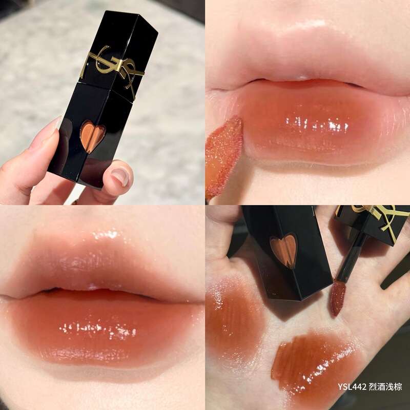 Ysl Saint Laurent New Product Heart-Shaped Black Tube Lip Glaze 442 Liquor Light Brown 443 610 Ice Oolong 416 440 622