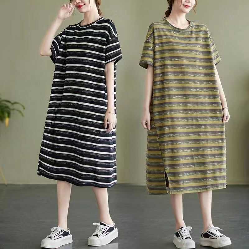 Plus Size Women's Summer Loose Long T-Shirt Dress, Casual, Slimming, Striped Short-Sleeve Dress Plus Size Women's Summer Loose Long T-Shirt Dress, Casual, Slimming, Striped Short-Sleeve Dress