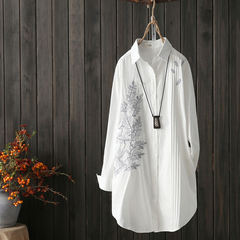 Autumn Series Original Literature Long Sleeve Women's Shirt Autumn Dress New Folds In The Long Version Shirt Embroidered Undershirt Blouse