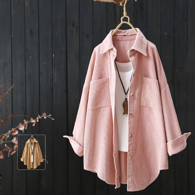 2026 Spring New Arrival Mid-Length Solid Color Corduroy Shirt Women's Casual Loose Corduroy Jacket Cardigan Top