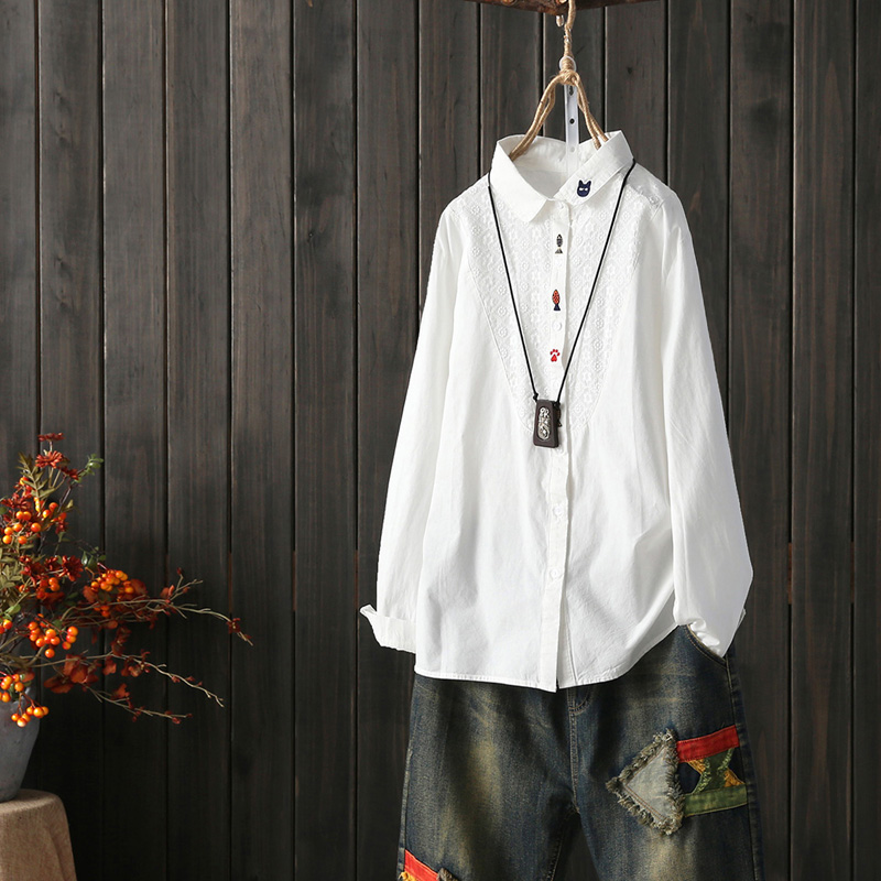 Autumn series Original short Embroidery Long Sleeve Shirt Woman Art Autumn Clothing New Pint 100 Hitch Bottom Shirt Clothing Casual Lining