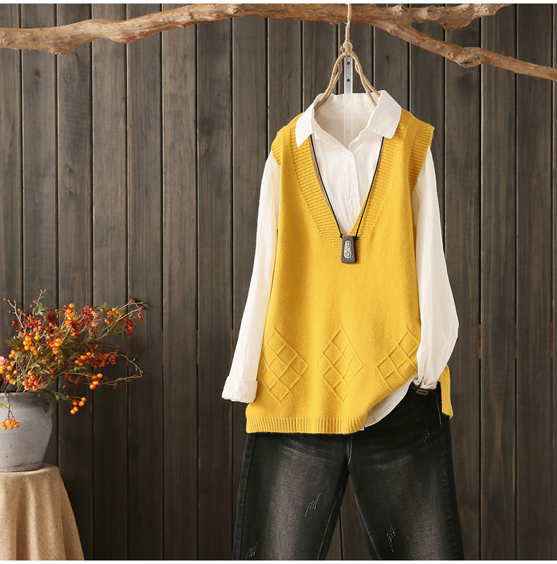 Mùa thu mới V-cổ rắn màu dệt kim vest vest nữ len mịn chia áo len áo len vest nữ hoang dã khoác len cardigan