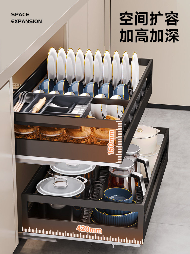 Diminila Kitchen Cabinet Double-Layer Drawer-Type Dish Rack 304 Stainless Steel Built-In Dish Basket Kitchen Cabinet Dish Basket