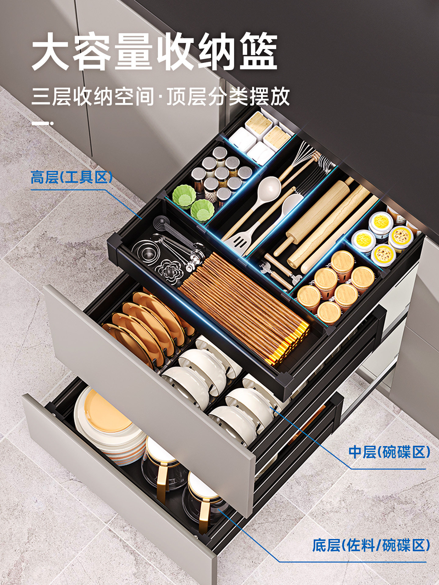 Dish Basket Kitchen Cabinet Drawer-Type Three-Layer Dish Basket Aluminum Alloy Dish Rack Kitchen Cabinet Plate and Bowl Cabinet Seasoning Narrow Cabinet