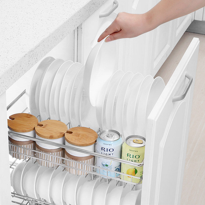 Diminila Kitchen Cabinet 304 Stainless Steel Three-Layer Buffer Drawer-Type Kitchen Cabinet Dish Basket Seasoning Basket