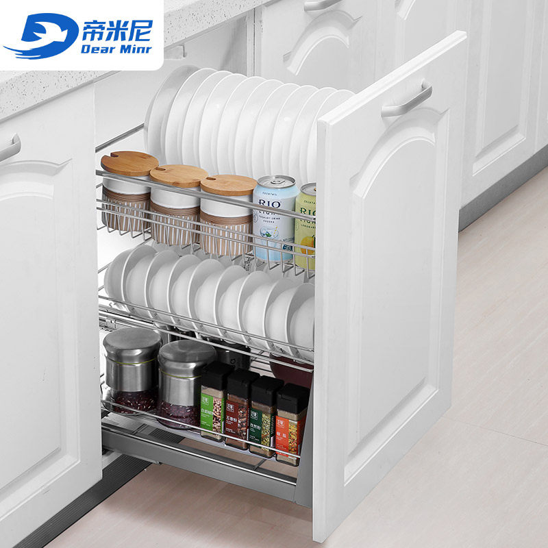 Diminila Kitchen Cabinet 304 Stainless Steel Three-Layer Buffer Drawer-Type Kitchen Cabinet Dish Basket Seasoning Basket