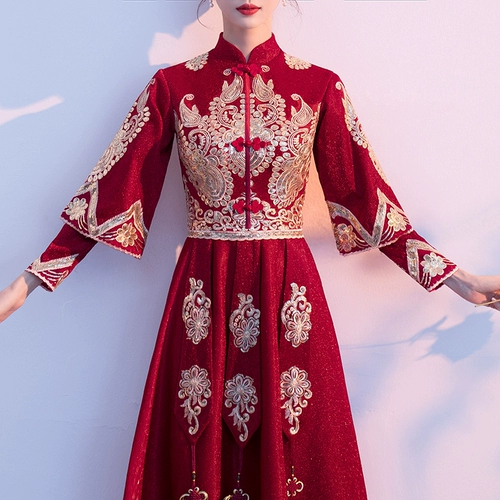 Вечернее платье, ципао, бордовый традиционный свадебный наряд Сюхэ, юбка, китайский стиль, коллекция 2023, премиум класс