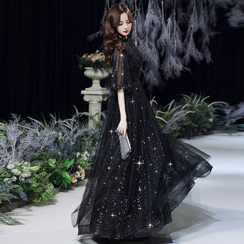 Banquet Adult Evening Dress for Women 2026 New High-End Black Sequin Stunning Elegant Light Luxury Niche Hostess