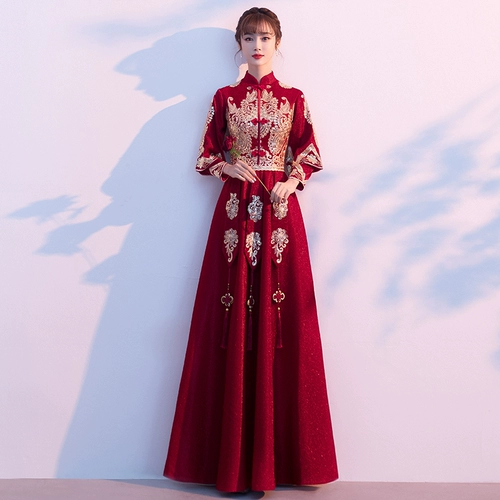 Вечернее платье, ципао, бордовый традиционный свадебный наряд Сюхэ, юбка, китайский стиль, коллекция 2023, премиум класс