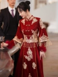 Вечернее платье, ципао для невесты, флисовый бордовый зимний лонгслив, удерживающий тепло традиционный свадебный наряд Сюхэ, китайский стиль
