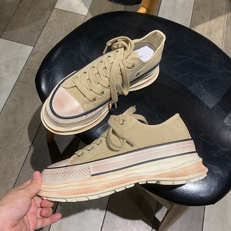 【Xiucai】6Cm Platform Thick-Soled Height-Increasing Canvas Shoes for Women, 2025 Summer Thin Casual Breathable Distressed Shoes
