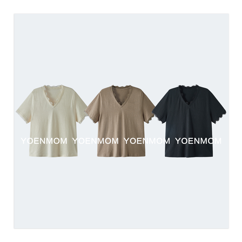 Yoenmom·Lace T·Xinjiang Cotton and Hemp Combined with Lace Trim, Soft, Thin, Breathable, Cool, Exquisite and Versatile V-Neck T-Shirt