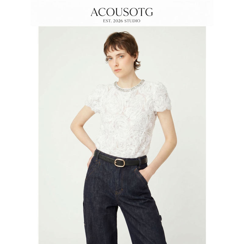 2026 Summer New Romantic Rhinestone-Embellished White Sheer Rose Floral Lace Short-Sleeve Top for Women with a High-End Feel 2026 Summer New Romantic Rhinestone-Embellished White Sheer Rose Floral Lace Short-Sleeve Top for Women with a High-End Feel