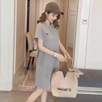 2021 summer new products medium and long version of the dress short-sleeved cotton T-shirt skirt Korean POLO collar pregnant women loose large size