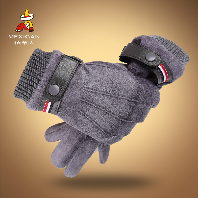 Rice straw man suede suede men's gloves winter riding and driving gush with thickened touch screen windproof and cold-proof winter warm
