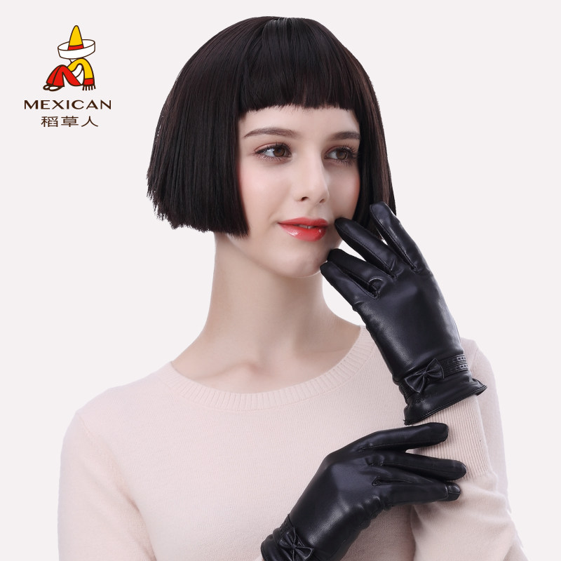 Straw Man Leather Gloves Lady Winter Riding waterproof windproof Windproof Rain-proof Locomotive Warm-up Thickened Touch Screen