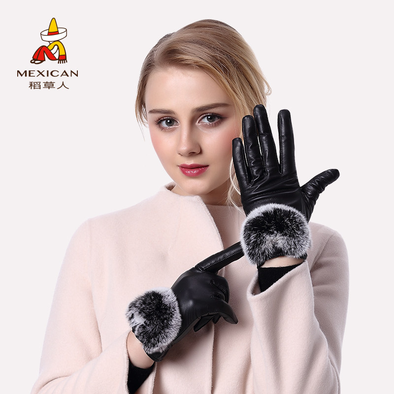 Rice Straw Man Genuine Leather Gloves Lady Riding Leather Touch Screen Waterproof Windproof Mountain Goat Leather Winter Plus Suede Warm Thickened Bike