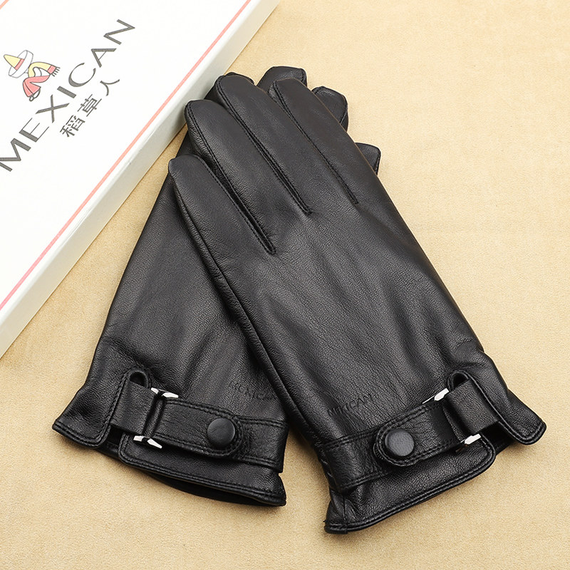 Rice Straw Man Men Mountain Goat Leather Gloves Winter Warm Riding Locomotive Winter Windproof Plus Suede Thickened Genuine Leather Tide