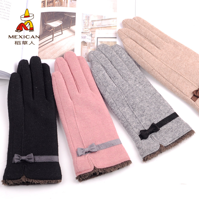 Rice Straw Man Wool Gloves Lady Winter Warmth Plus Suede Thickening Cute Korean Version Touch Screen Winter Riding Students