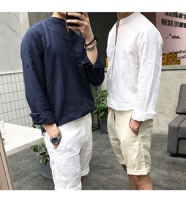 Title 16, Erkek Retro Dik Yakalı Keten Gömlek. Rahat ve ş...