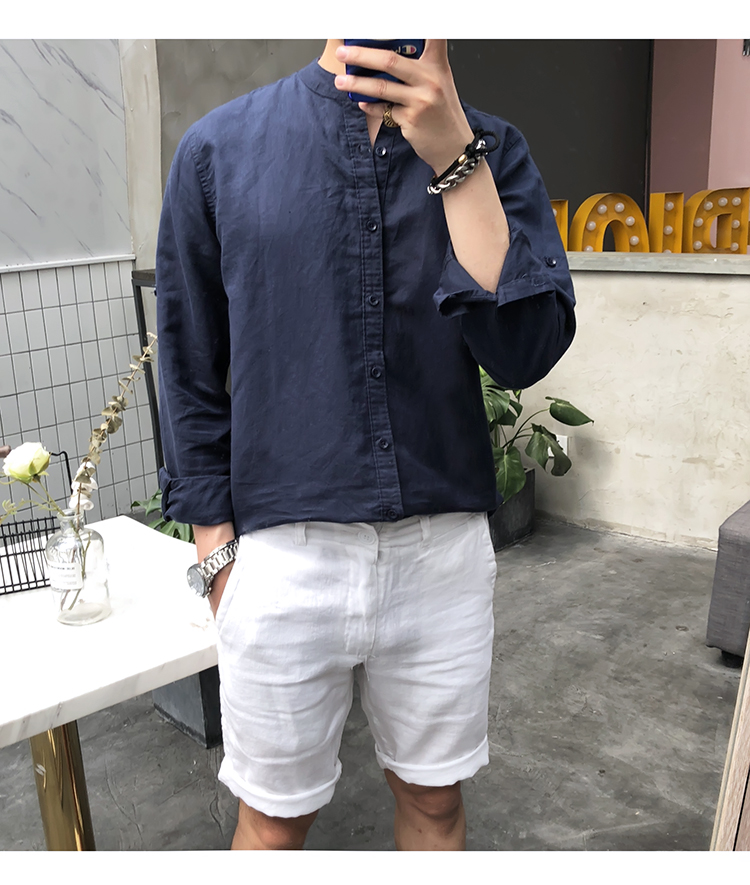 Title 23, Erkek Retro Dik Yakalı Keten Gömlek. Rahat ve ş...