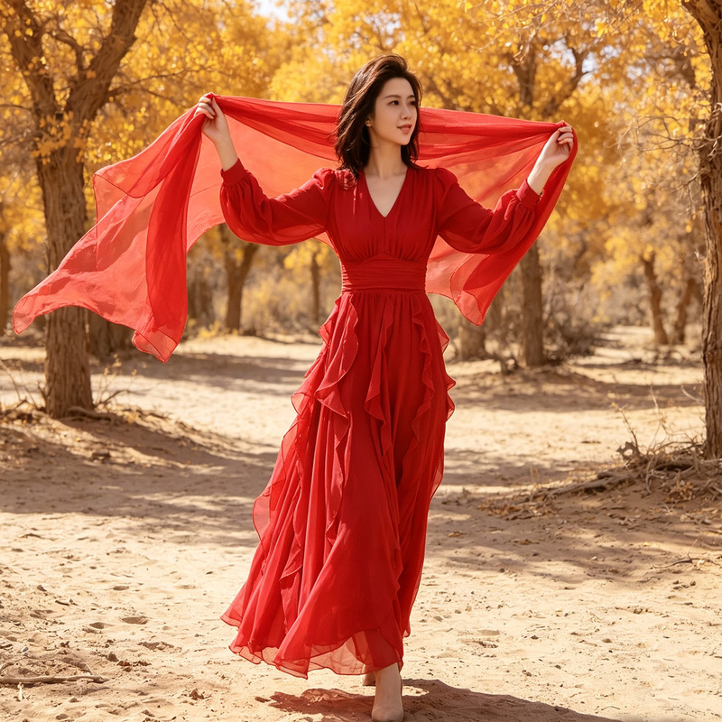 Red Dress for Women, Waist-Cinching, Slimming, Long Dress for the Beach, Suitable for Inner Mongolia, Xinjiang, and the Poplar Forest, for Photoshoots in the Desert