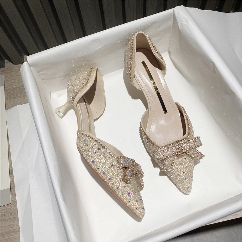 Mid-heel bag shoes women's 2022 new temperament small-heeled rhinestone wedding shoes bow pointed stiletto high-heeled shoes not tired feet