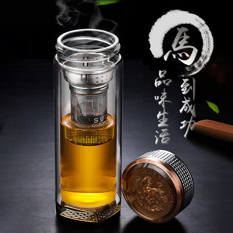Horse to successful water glass glass cup double layer crystal heat resistant filter tea cup thickened poo transparent male and female tea water separation
