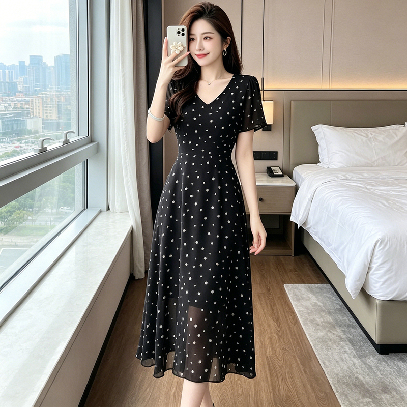 High-End Elegant Polka-Dot Chiffon Short-Sleeved Dress, Plus-Size Women's Clothing, Slim-Fitting, Waist-Cinching, Mid-Length Skirt, Summer Dress High-End Elegant Polka-Dot Chiffon Short-Sleeved Dress, Plus-Size Women's Clothing, Slim-Fitting, Waist-Cinching, Mid-Length Skirt, Summer Dress